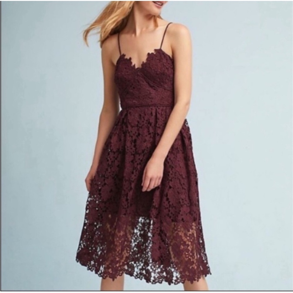 Donna Morgan Anthropologie renata lace midi dress made in burgundy